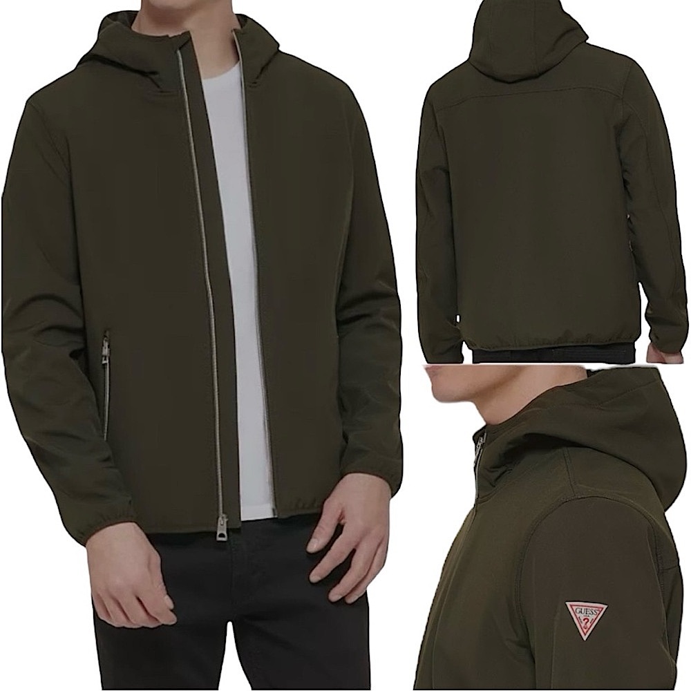 Guess Mens Softshell Jacket w/ Hood MD Guess Zip Up Jacket Medium OLIVE GREEN